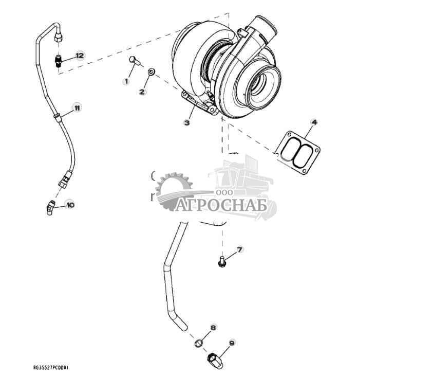 6520 Turbocharger and Oil Lines 
